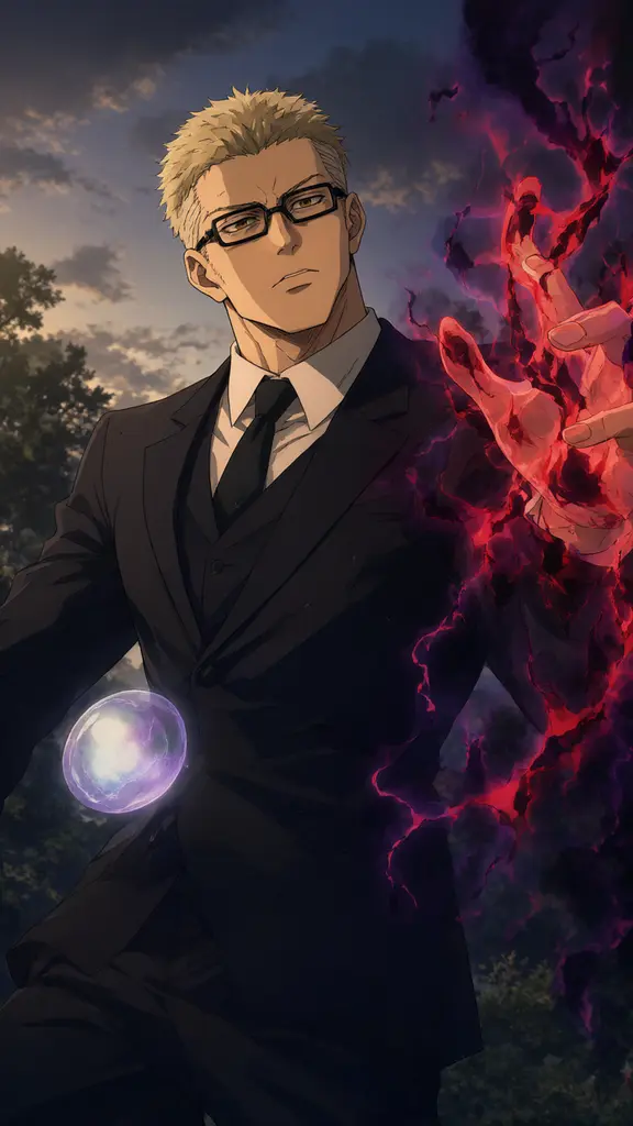Kento Nanami, tall blond man in a tailored suit, tinted rectangular glasses, calm stern face, anime style, JJK world,…