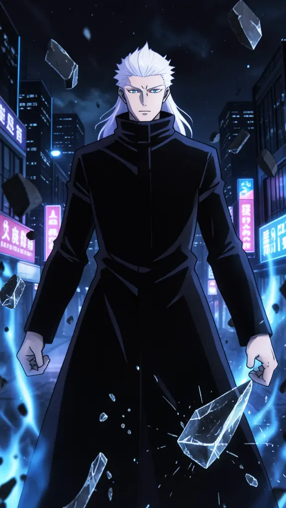 Satoru Gojo, black and blue tones, deep space, high-contrast, digital art, tall white-haired sorcerer, blue eyes, black…