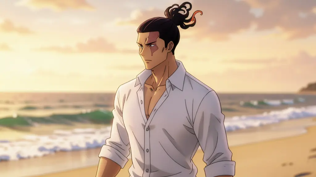 Aoi Todo, beach photoshoot, sunset golden hour, white linen shirt open, walking along surf line, wind, travel magazine…