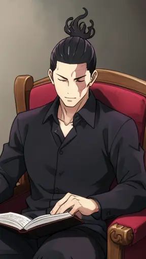 Aoi Todo, His black hair is tied in a topknot with flame-like looped strands, and a reddish scar crosses the left side of…