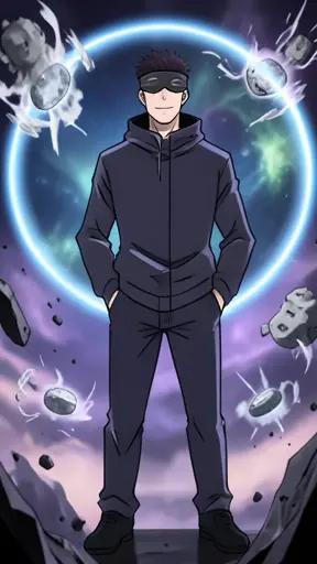Satoru Gojo standing calmly with hands in pockets as attacks freeze in midair around him, Infinity barrier visible as subtle…