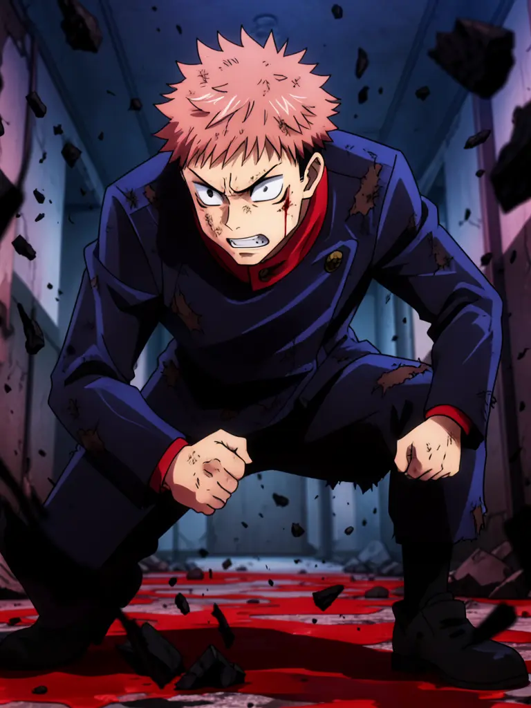 High-quality action-packed 2D anime illustration of Yuji Itadori from Jujutsu Kaisen, dynamic low-angle shot, waist-up.