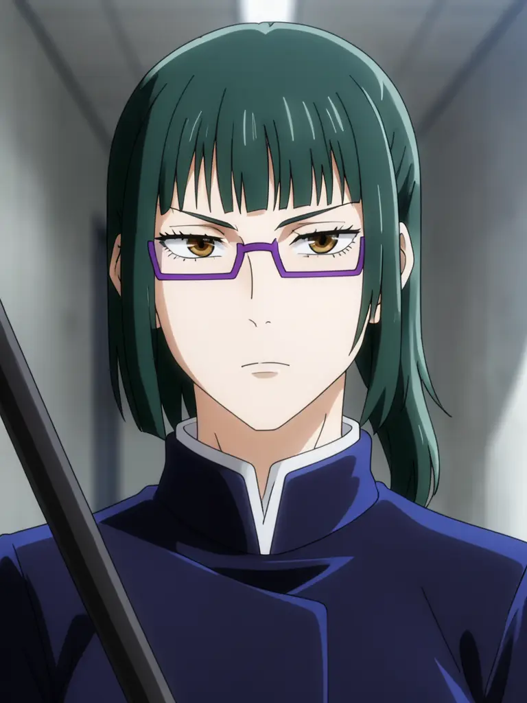 High-quality 2D anime portrait of Maki Zenin from Jujutsu Kaisen, head and shoulders shot, looking directly at the viewer…